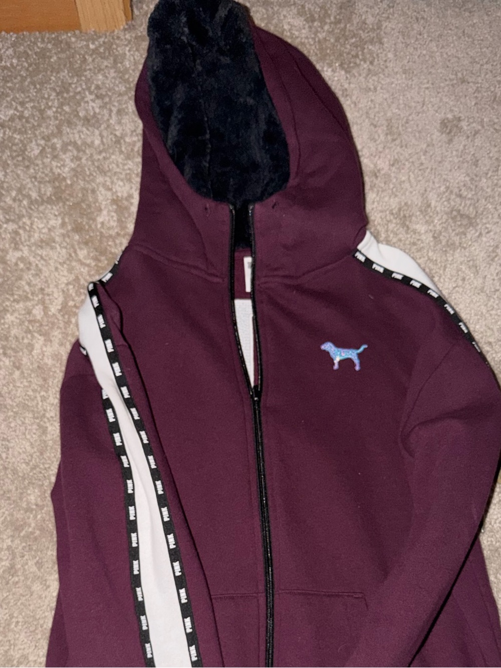 PINK Victoria's Secret Burgundy Hooded Zip Jacket with Black Faux-Fur Lining
